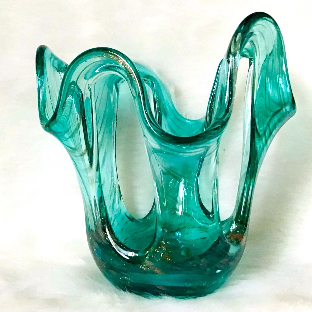 Murano Style Art Glass Aqua Blue Gold Flecks Swirl Open Work Bowl Basket 6”